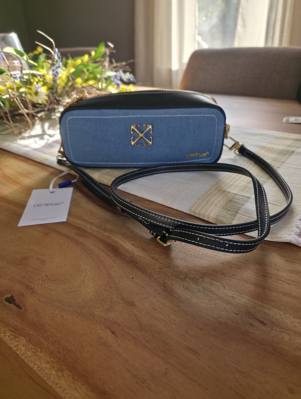 Off-White Denim And Black Leather Crossbody East West Bag